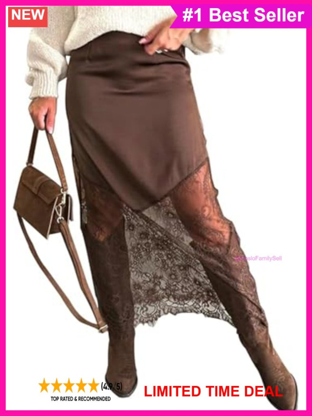 Satin Lace Patchwork High Waist A-Line Maxi Skirt